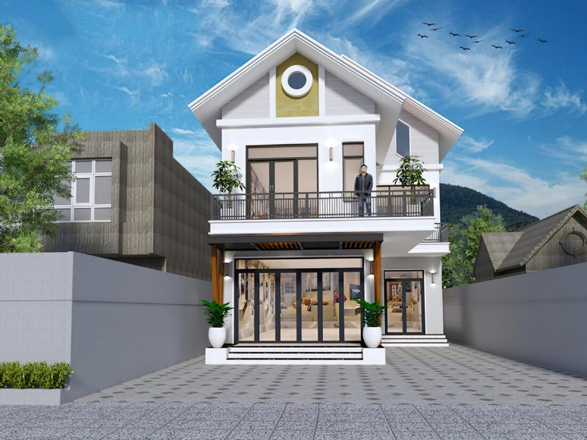 Thiết kế nhà chữ L 80m2 tận dụng góc sân làm gara