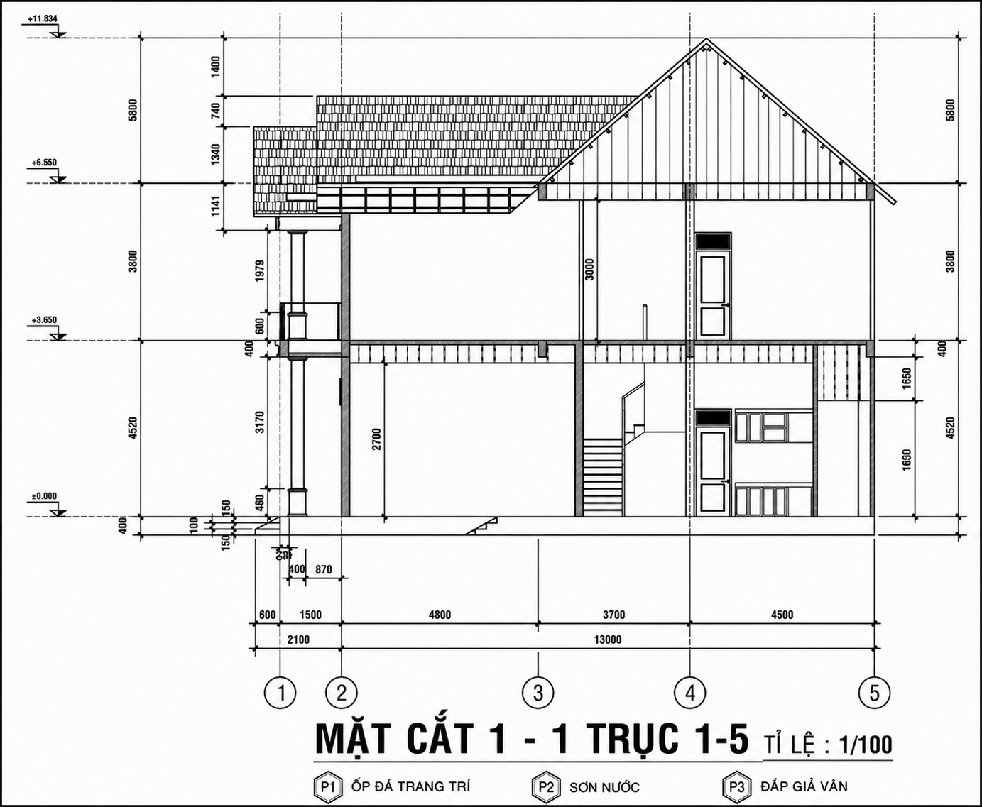 Bản vẽ mặt cắt nhà 2 tầng mái Thái