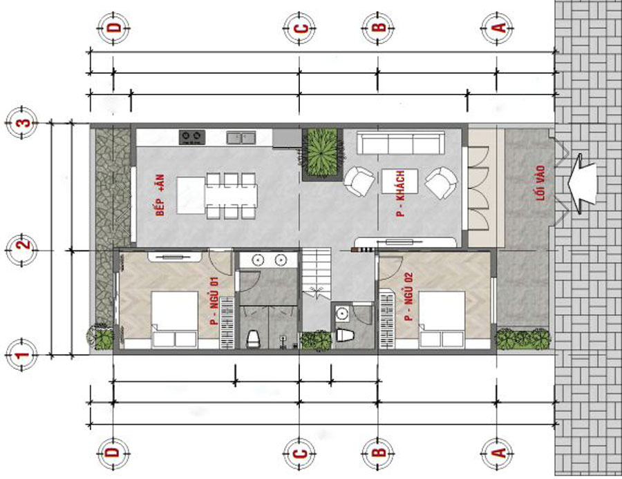 Sơ đồ mặt bằng tầng 1 nhà tân cổ điển 8x15m