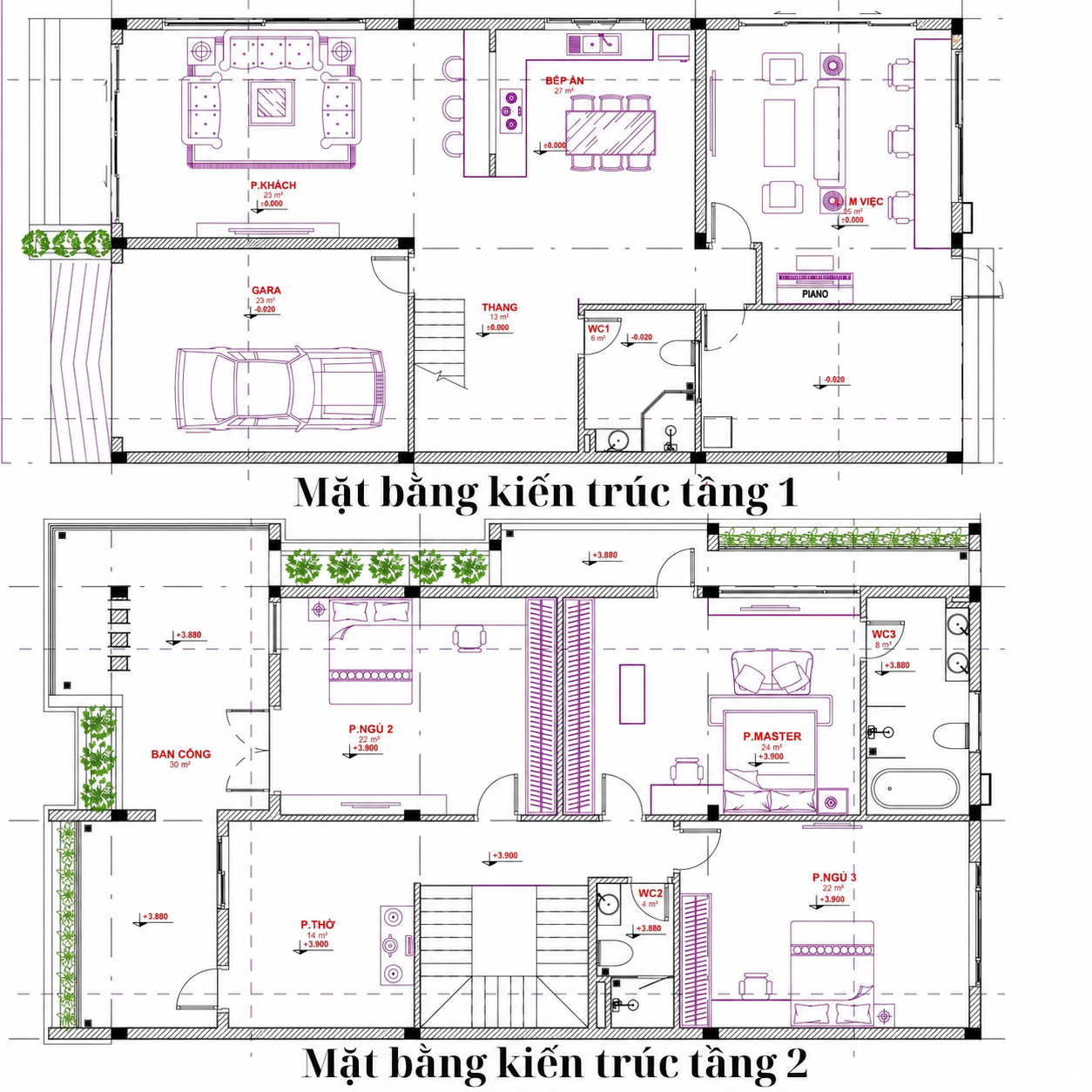 Bản vẽ mặt bằng nhà 2 tầng 8x15m