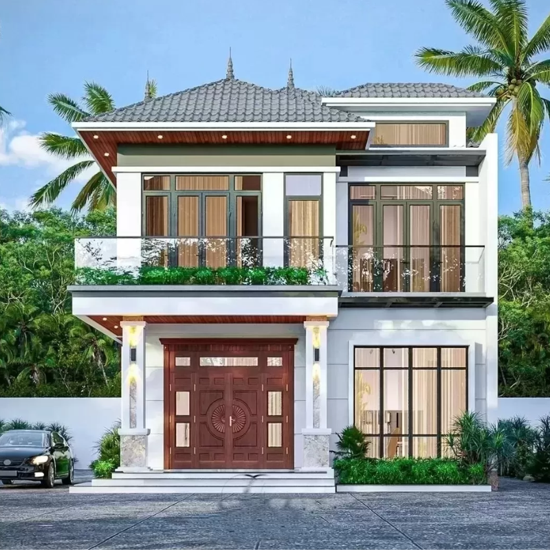 Mặt tiền nhà 2 tầng mái ngói xám thanh lịch, hiện đại
