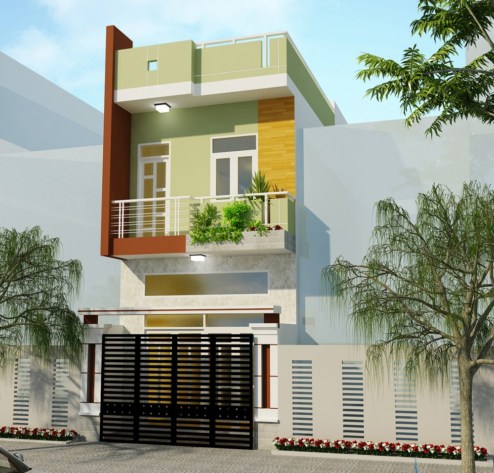 Mẫu nhà ống 2 tầng mái bằng phối màu phá cách