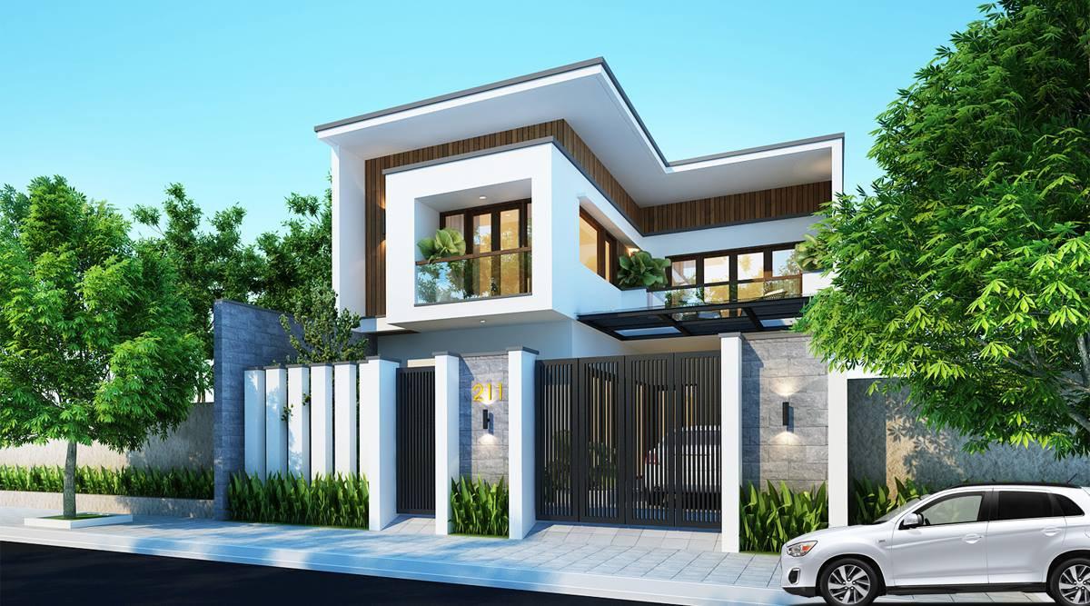 Thiết kế nhà chữ L 80m2 mái bằng trẻ trung